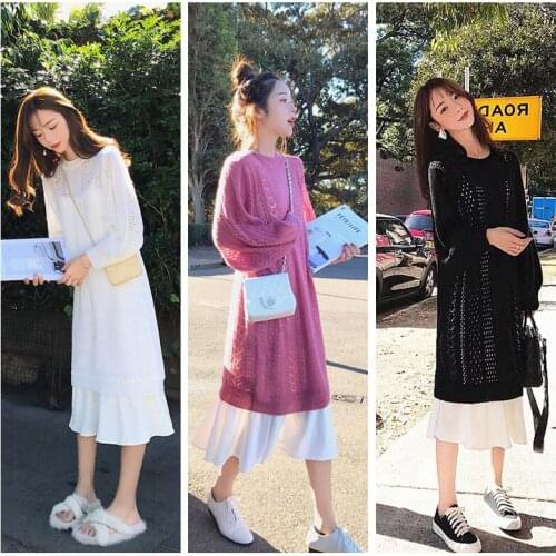 Hollow Knitted Sweater Suspender Bottoming Skirt Autumn Skirt Suit