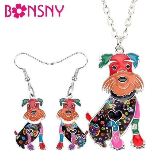 Bonsny Enamel Alloy Happy Schnauzer Dog Earrings Necklace Collar Cute Animal Jewelry Sets For Women Girls Pet Lovers Decoration