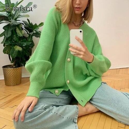 Bornsra 2021 New Sweater Coat Womens Solid Color Casual Cardigan Loose Knitted Buttoned Cardigan V-Neck Oversized Cardigan