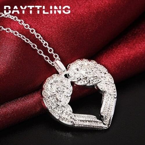 BAYTTLING 925 Sterling Silver 18 Inch Link Chain Feather Heart Pendant Necklace For Woman Fashion Glamour Wedding Jewelry Gift