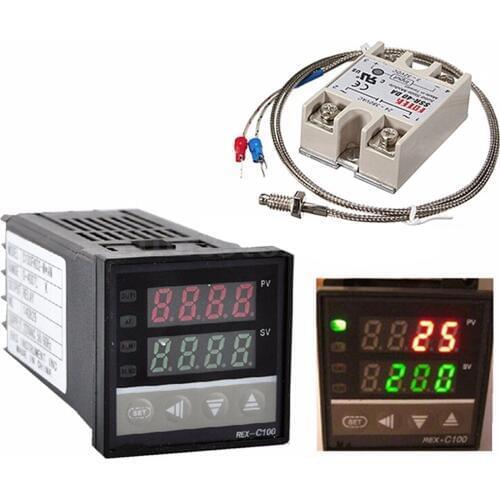 Digital 220V PID REX-C100 Temperature Controller max.40A SSR K Thermocouple PID Controller Set + Heat Sink Self-tuning control