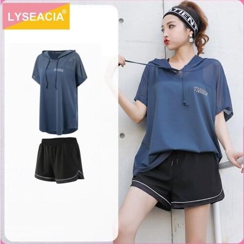 Breathable Women Yoga set Fitness Hoodie Gym Short Sleeve T-Shirts + Sports Shorts Training Sportswear Female Workout Clothes