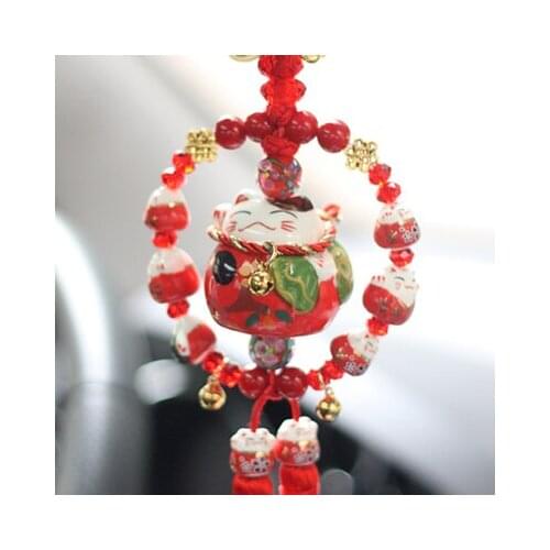 Interior Hanging Ornament Ceramic Maneki Neko Lucky Cat Fat Cat Crystal Sleutelhanger Car Pandent Key chain Chaveiro Decoration