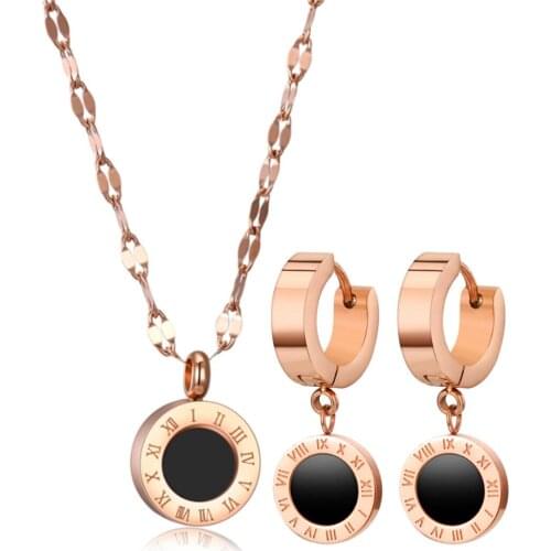 316L Stainless Steel Roman Numeral Simple Circle Earrings Necklace Set Ensemble Bijoux Mariage