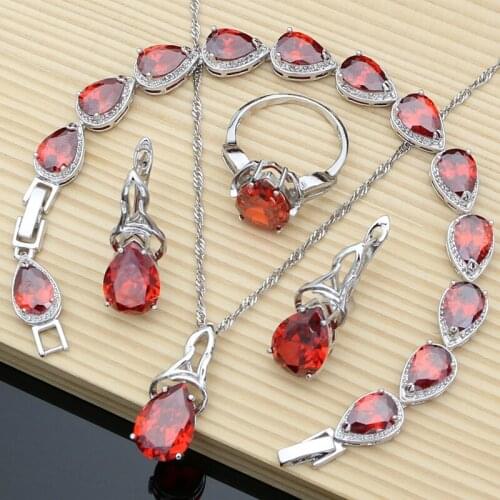 925 Silver Jewelry Sets Drop Natural Red Garnet Stone for Women Wedding Bohemian Earrings with Stone Necklace Kits Dropshipping