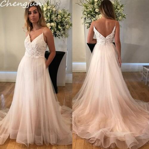Chengjun Sleeveless Spaghetti Strap Lace Tulle Wholesale Price A Line Wedding Gown
