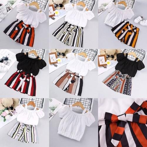 Summer Children Casual Sets 2 3 4 5 6 7 Years Girls Toddler Fashion Cute Homewear Shoulder-Off Suspender Shirt & Stripe Shorts
