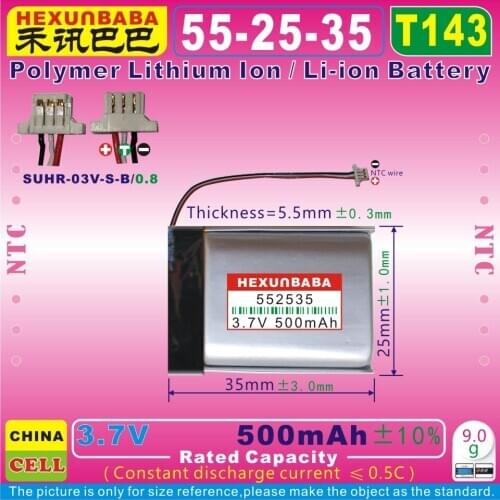 2pcs [T143] 3.7V 500mAh [552535] NTC;Polymer Li-ion battery for bluetooth headset earphone Beats Solo 1.0 AEC552535,PA-BT08