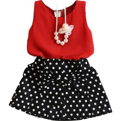 Fashion New Children Girls Kids Summer Clothes Chiffon Sleeveless Tops Dot Bow Mini Skirt Fashion New Brief 3-7Y