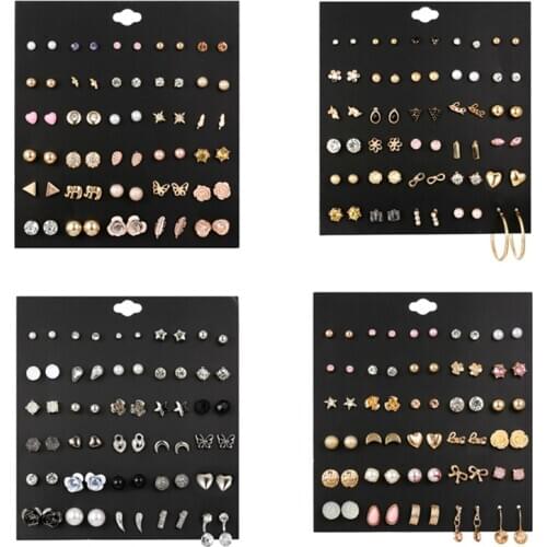 Mixed Small Earrings Set Rhinestone Pearl Geometric Flower Heart Star Crystal Stud Earrings Women Girls Fashion Piercing Jewelry