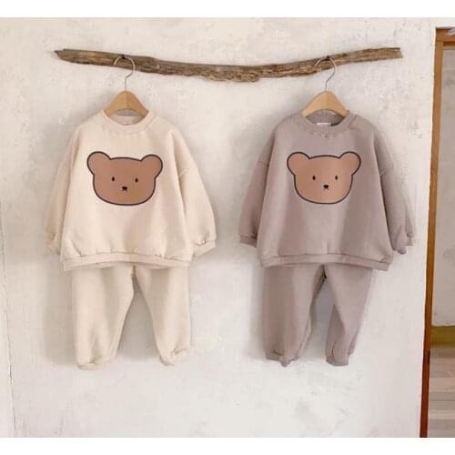 2021 Autumn New Baby Long Sleeve Sweatshirt Set Fashion Infant Boys Bear Print Clothes Suit 2pcs Cotton Kids Casual Clothing Set
