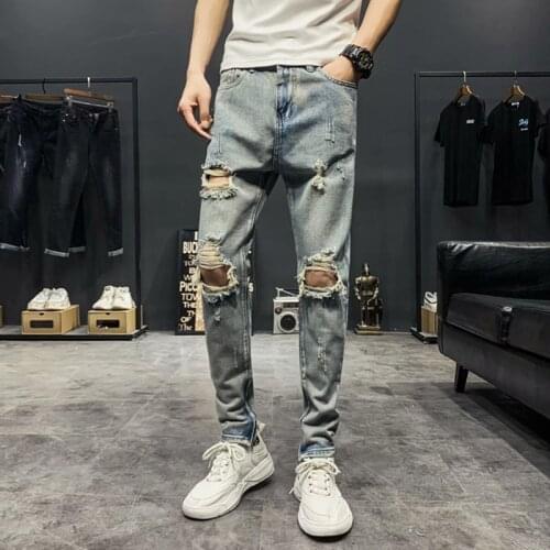 Slim jeans mens summer thin ripped patch cropped cropped trousers stretch skull print beggar feet teenager denim jeans