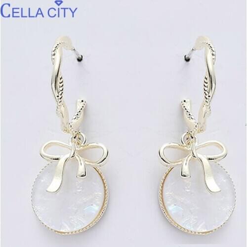 Cellacity Lovely Silver 925 Jewelry with Bow Gemstones Earrings for Women Round Ear drops Geometry Moonstone Delicate Gift Party