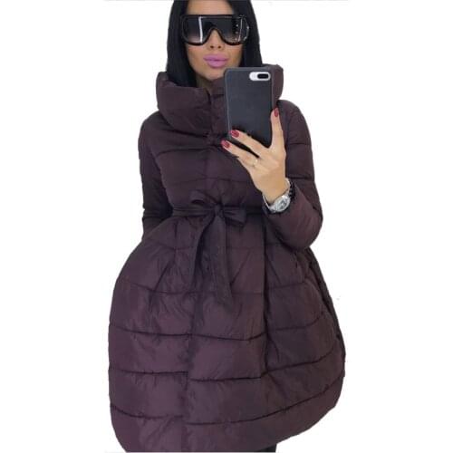 Winter Coat Women Skirt Parka Fashion Bowknot Waist Medium Long Stand Collar Cotton Padded Warm Jacket Chaqueta Mujer Invierno