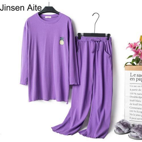 Jinsen Aite Cotton Spring 2019 Pajamas Set for Woman Long Sleeves Round Neck Top+Pants Loose Casual Plus Size Sleep Wear JS757