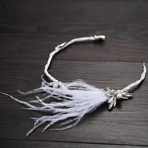 White Feather Bridal Headband with Earrings Crystal Wedding Hair Crown Pearls Jewelry Handmade Women Headpiece