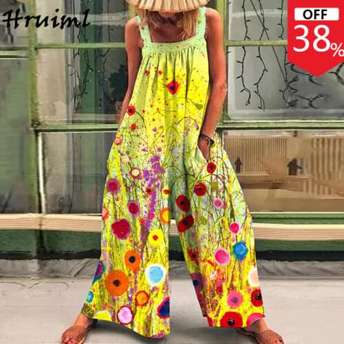 Dropshipping Woman Clothes Sleeveless Square Collar Plus Size Overalls Women Pockets Print Streetwear Fashion Summer Jumpsuit