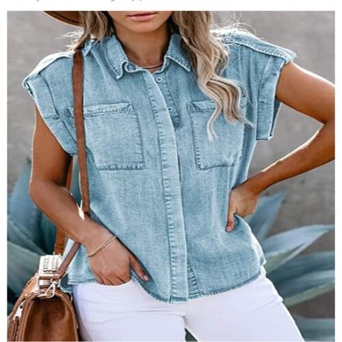 Summer Women Shirts Blue Denim Shirt Femme Blusas Sling-Breasted Pockets Turn-dowm Collar Short Sleeve Blouses Casual Jeans Tops