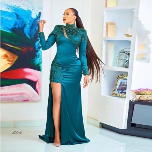 Saudo Arabia Hogh Neck Evening Gowns Pearls Beaded Long Sleeves Prom Dresses Sexy High Split Formal Party Dress Robe De Soiree