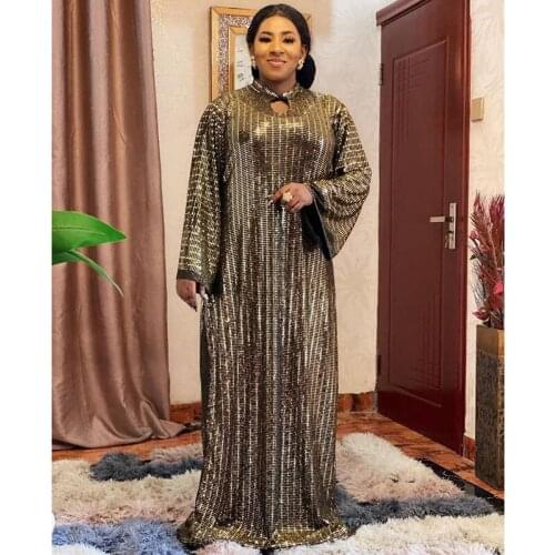 African Long Maxi Dress Womens Bazin Africa Clothing Fashion Gold Sequins Loose Party Robe Elastic African Dresses For Women