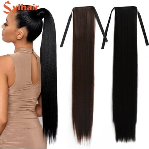 Sylhair 32-Inch Synthetic Hair Fiber Heat-Resistant Straight Hair With Ponytail Fake Hair Chip-in Hair Extensions Pony Tail Wig