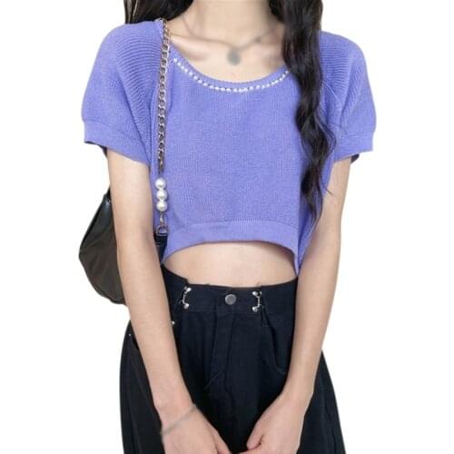 Women Korean O Neck Solid Color Tshirt Summer Exposed Navel Sweet Casual Knitted Short Sleeves Tops