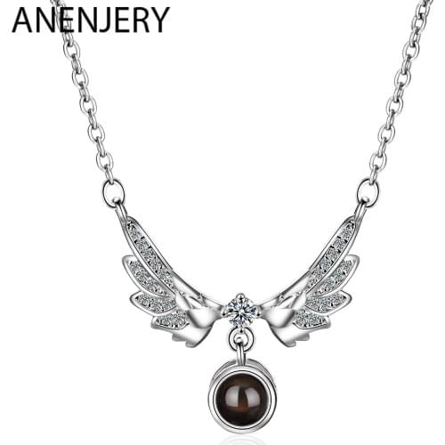 ANENJERY 925 Sterling Silver Micro Zircon Angel Wings Necklaces Projection Meaningful Necklaces For Women Gift S-N415