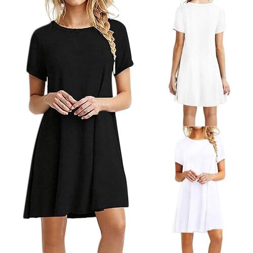 Fashion Boho Beach Dresses Women Casual Short Sleeve O-neck Solid Print Ladies Loose Mini Dress Summer Sundress Vestidos Mujer