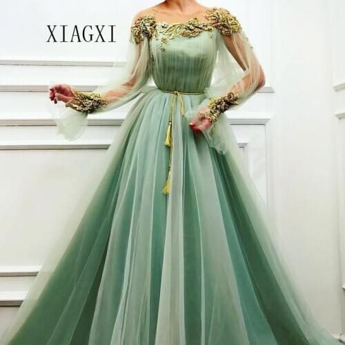 XIANGXI Green Evening Dress 2020 Jewel Neck Full Sleeves Hand Beaded Pleat Long Evening Dresses Prom Dress Formal Gowns