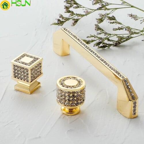 Gold Diamond Jewel Furniture Cabinet Handle Drawer Round Square Knob Luxury Modern European