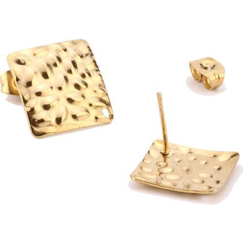 Gold Stainless Steel Square Heart Round Blank Ear Posts Findings With Hole Hammered Uneven Pad Stud Earrings Base DIY Making