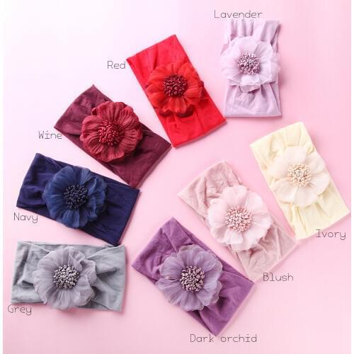 8pcs/lot Fabric Flower Matching Nylon Wide Baby Headband Soft Baby Girl Headwraps One Size Fits All
