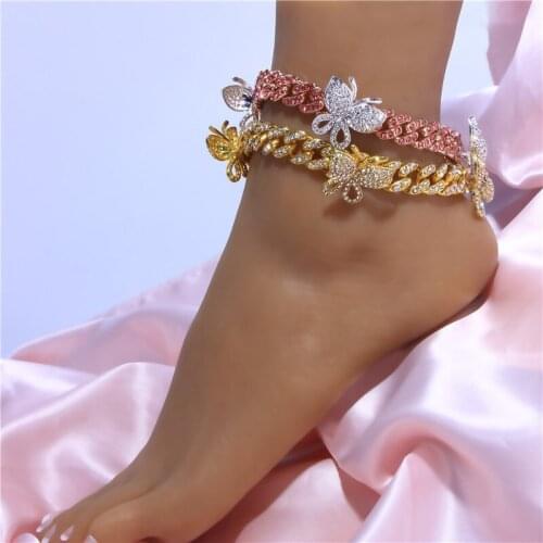 12mm Iced Out Cuban Link Chain Anklets for Women Crystal Butterfly Charm Chunky Anklet Summer Beach Barefoot Jewelry