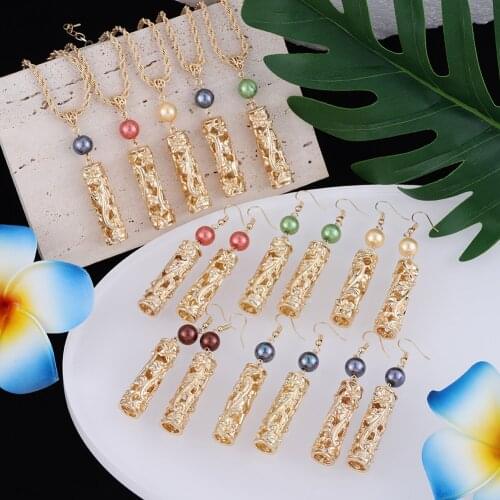 Cring Coco Hot Sale Earrings Necklace Set Hawaiian Polynesian Samoa Gold Hollow out Pearl Pendant Necklace Jewelry Set for Women
