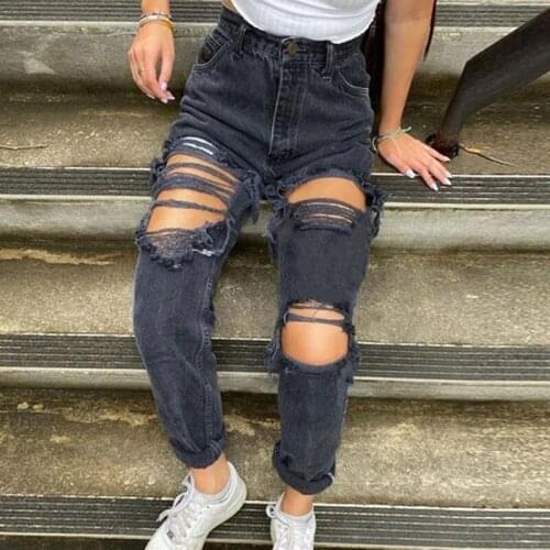 Jeans Women Street Style Straight Hole Vintage Casual Pants Hip Hop Jeans All-match Streetwear High Waist Ripped Pants for Women