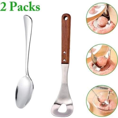 Stainless Steel Meatball Maker Non-Stick Wood Handle Meatball Spoon Meat Baller With Soup Spoon Meatball Making Tools