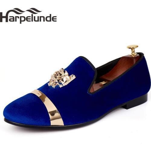 Harpelunde Men Flat Shoes Animal Buckle Blue Velvet Dress Loafers With Gold Plate Size 6-14