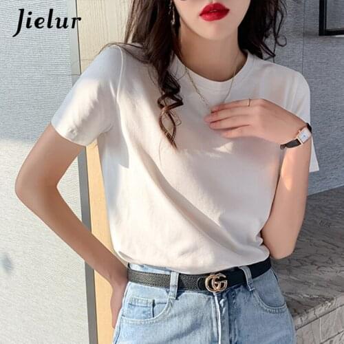 Jielur Spring 2021 O-Neck New Womens T-shirts Pure White Black Blue Gray Short-sleeved Shirts-women Loose Casual Basic Top S-XL