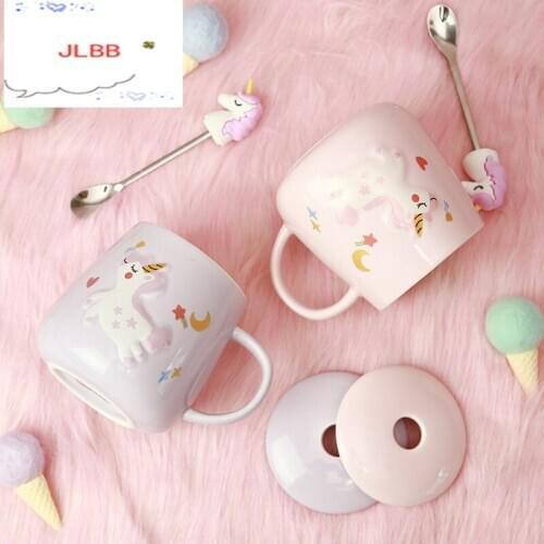 Unicorn Mermaid Coffee Mug with Lid 3D Spoon Ceramic Water Tea Cup Gift for Women Girls Pink 400ml