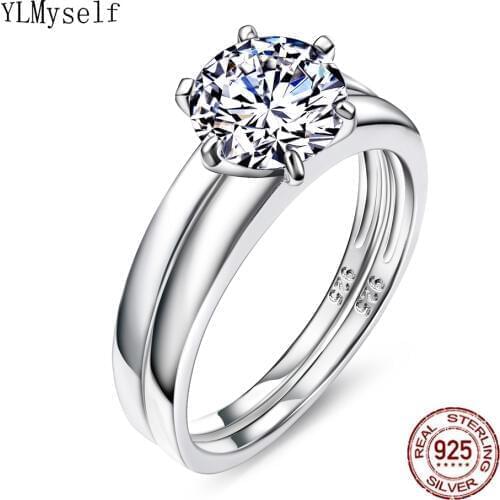 Real 925 silver ring Pave 9mm round cut cubic Zirconia crystal top quality 2pcs wedding finger rings sets jewelry