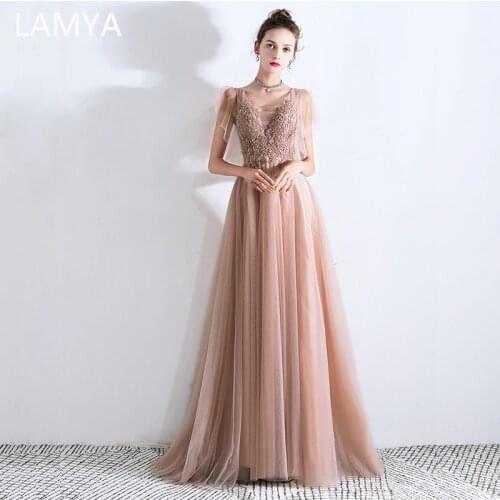 LAMYA V-Neck Beads Bodice A Line Long Evening Dress Party Elegant Lace Appliques Vestido De Festa Customized Prom Gowns