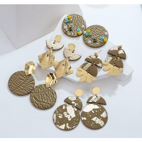 Lifefontier Handmade Olive Green Polymer Clay Drop Earrings for Women Gold Foil Beads Metal Round Unusual Earrings Jewelry 2021