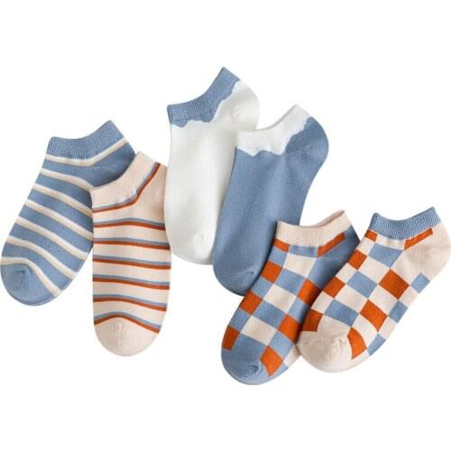 5 Pairs/Lot Women Short Socks Girl Shallow Short Tube Cute Plaid Cotton Socks Wholesale