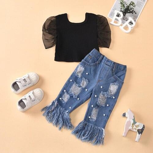 Girl Clothes Fashion Girls Clothing Sets Black Lace Short Sleeve T-shirt + Hole Decor Denim Pants 2Pcs Suits Ruched Girl Outfits