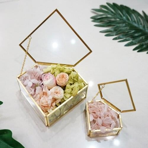 Geometric Diamond Shape Copper Edge Glass Jewelry Box Desktop Decoration Jewelry Storage Wedding Ring Box Valentines Day present