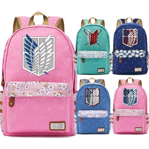 Cartoon Anime Attack On Titan Flowers Polka Dot Boy Girl School Bag Women Bagpack Teenagers Schoolbags Canvas Ladies Backpack