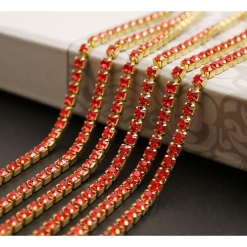 10Yard Siam Red Color Claw Crystal Rhinestones Chain Gradient DIY Dense Gold Base Rhineston Chain Garment&Bag Art Decoration