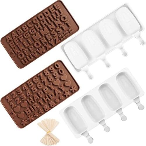 4 Hole Silicone Ice Cream Mould Letter Number Molds DIY Dessert Chocolate Fruit Juice Ice Popsicle Pop Maker Mould with Sticks