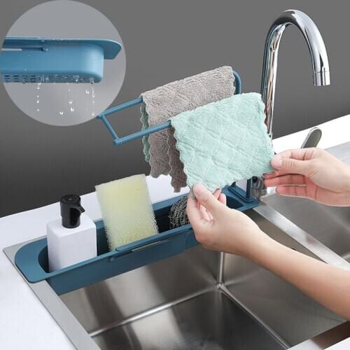 Kitchen Telescopic Sink Rack Soap Sponge Drain Shelf Double Storage Basket Bag Faucet Holder Adjustable Bathroom Holder Sink