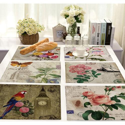 Vintage Flower Bird Print Cotton Linen Placemat Restaurant Banquet Tableware Mat Coffee Coaster Heat Insulation Non-Slip 32x42cm